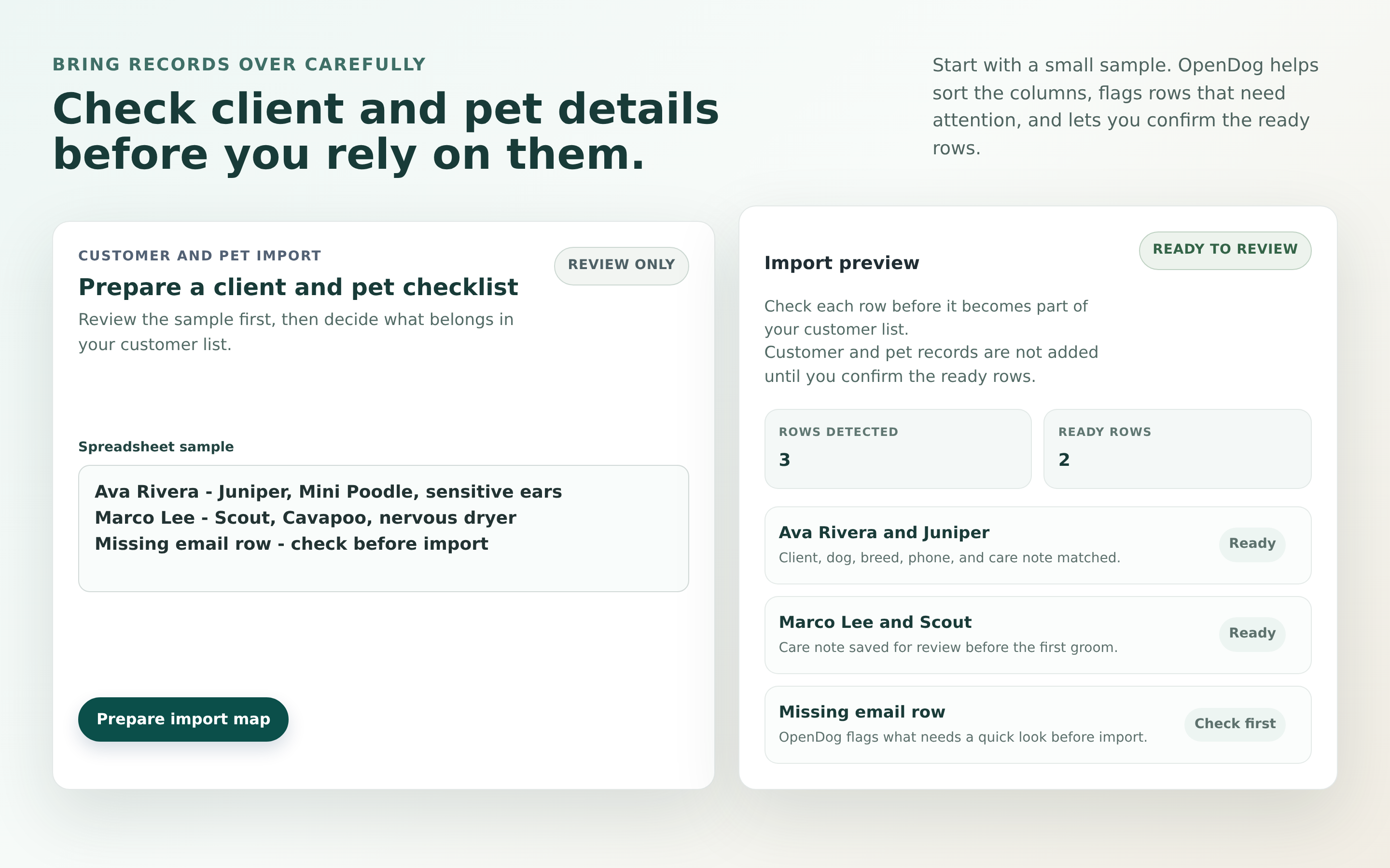OpenDog import preview using sample client and dog rows, with ready and needs-attention outcomes before records are saved.
