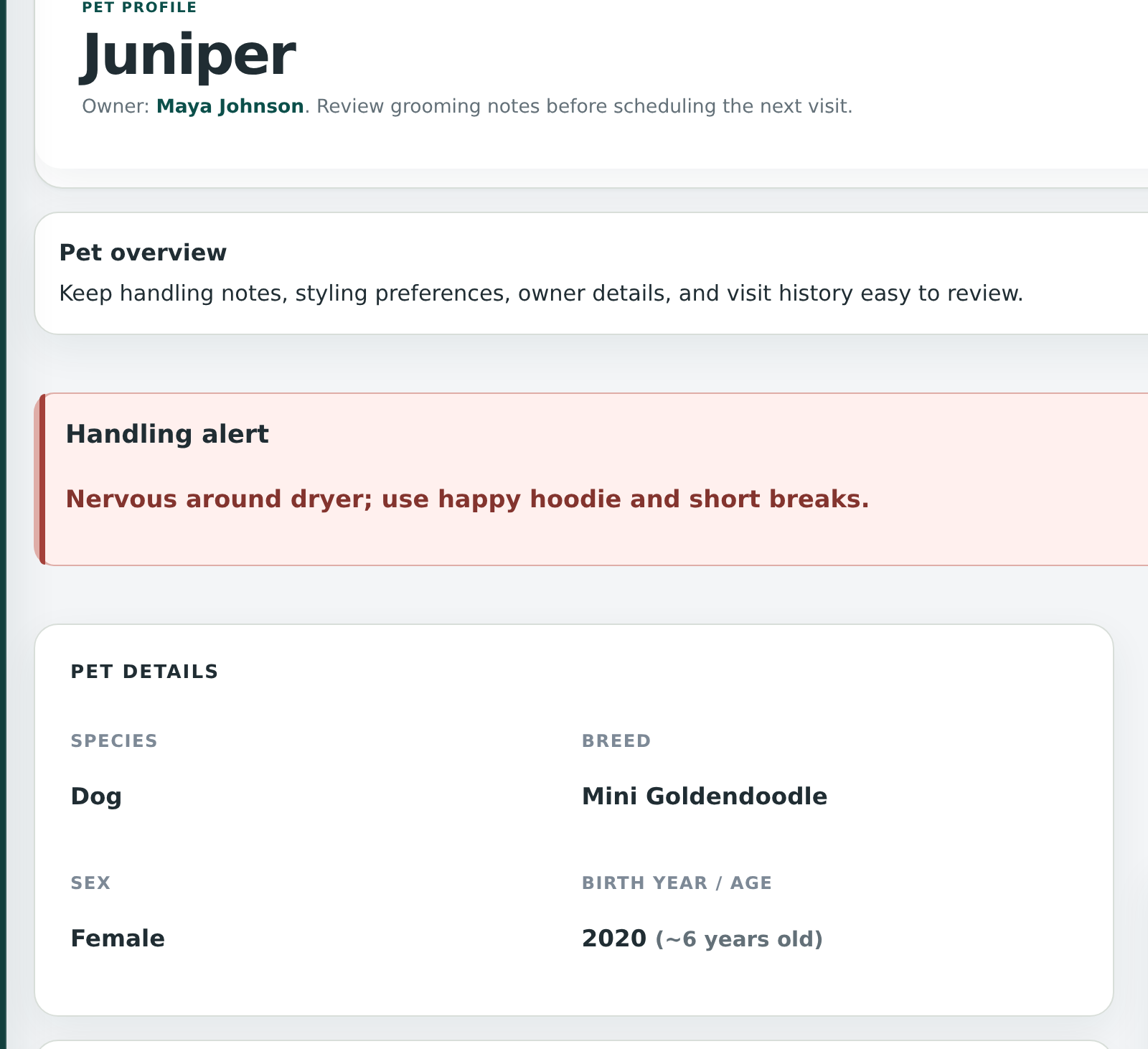 OpenDog dog profile using sample data, showing the owner, breed, handling alert, care context, and grooming history.