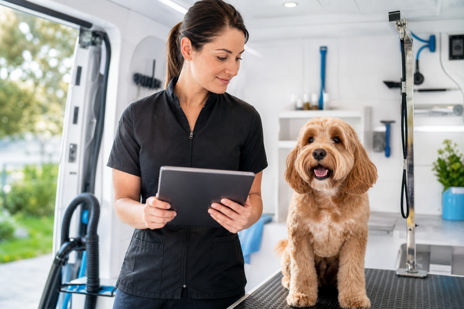 Mobile groomer reviewing pet details on a tablet beside a calm dog.
