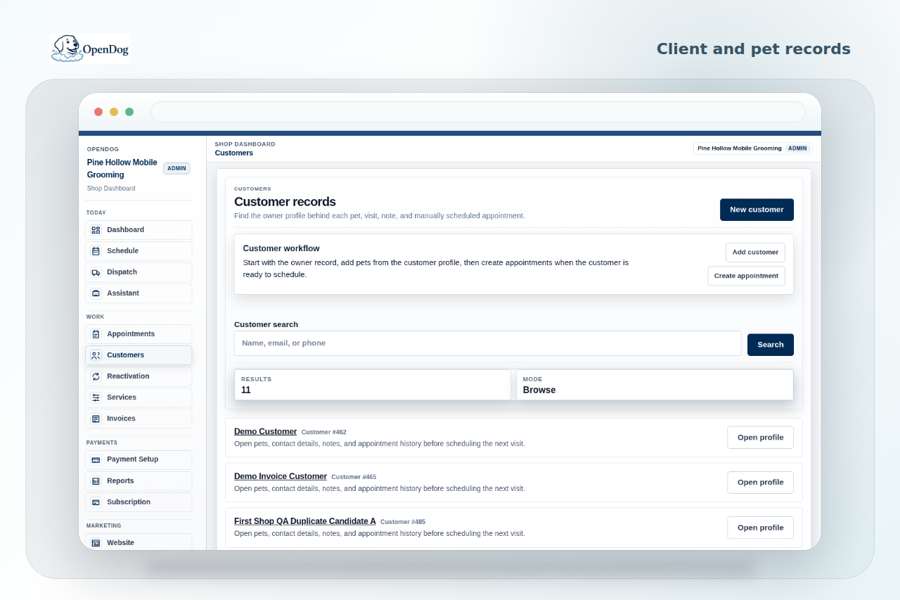 OpenDog customer and pet records showing grooming note and pet history workflow context.