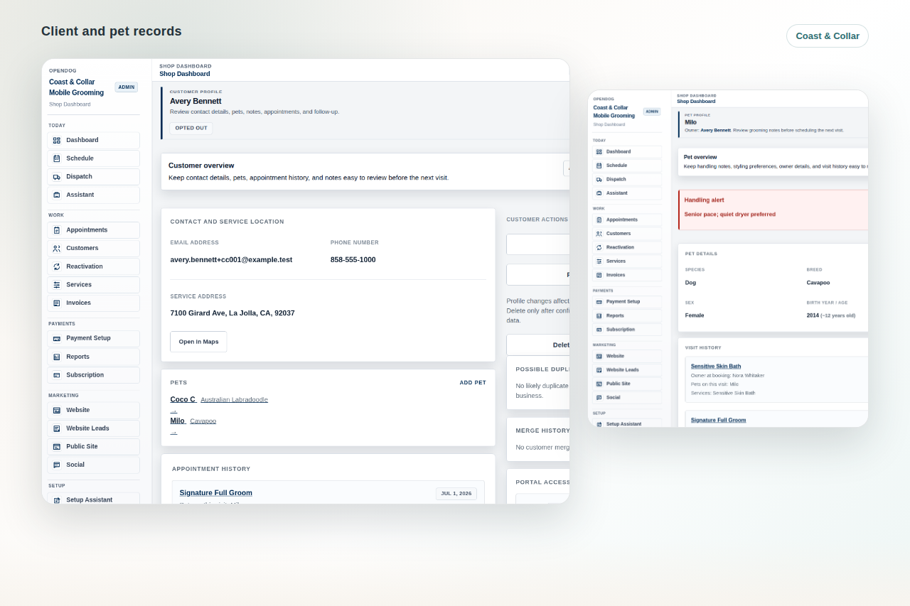 Coast & Collar OpenDog customer and pet records showing organized imported-record context.