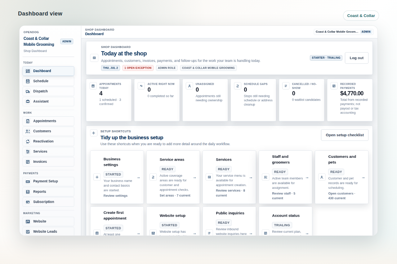 Coast & Collar OpenDog dashboard showing schedule, setup tasks, payments, customers, pets, and business workflow.