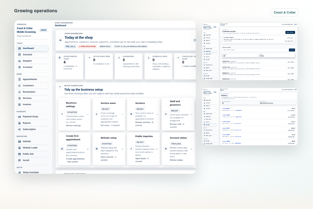 Coast & Collar OpenDog dashboard, customer list, and invoices showing growing grooming team context.