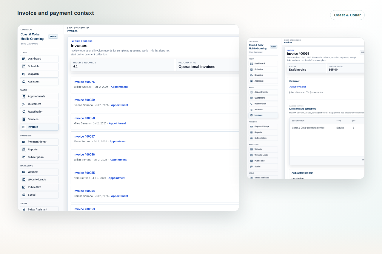 Coast & Collar OpenDog invoices and payment-safe workflow context.