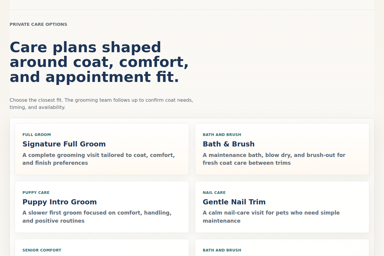 Coast & Collar public website showing loaded services, grooming care copy, and request flow.