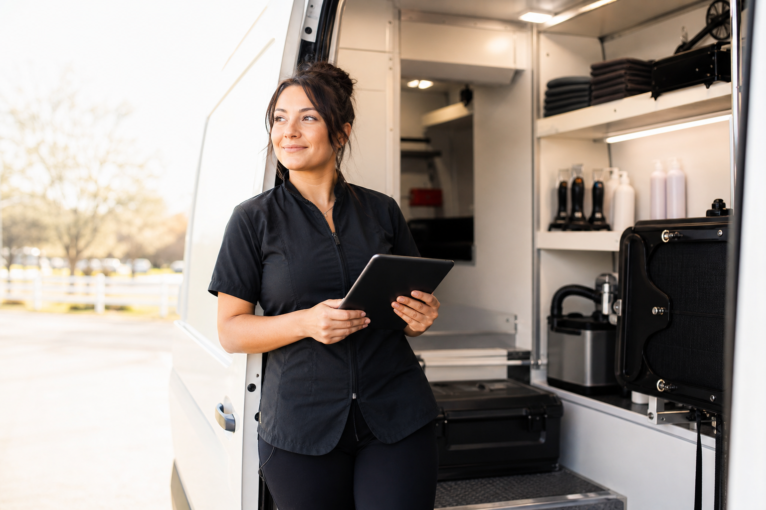 Mobile groomer choosing an organized tablet workflow beside a grooming van.