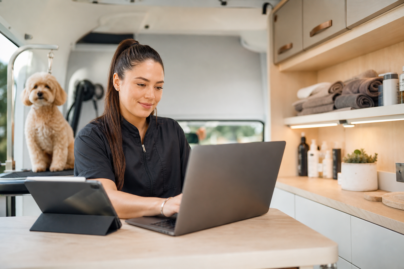 Grooming business owner reviewing a clean digital records migration workflow.
