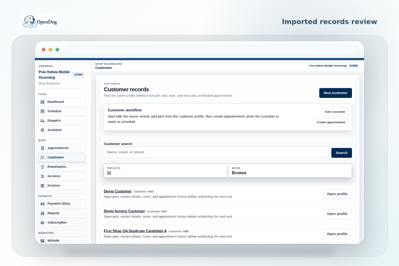 OpenDog customer and pet records showing switching checklist workflow context.