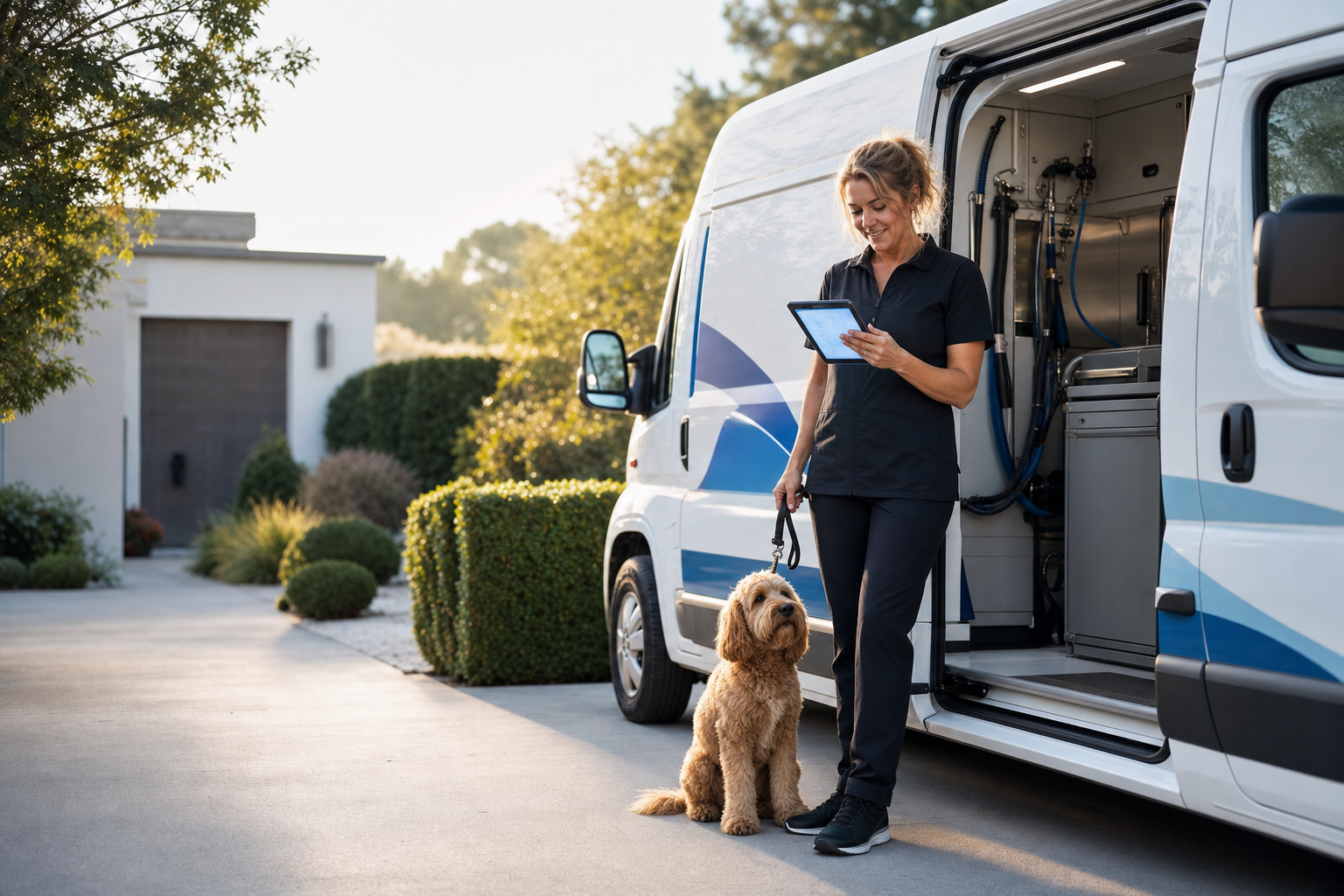 Mobile groomer checking OpenDog on a tablet beside a grooming van and dog.