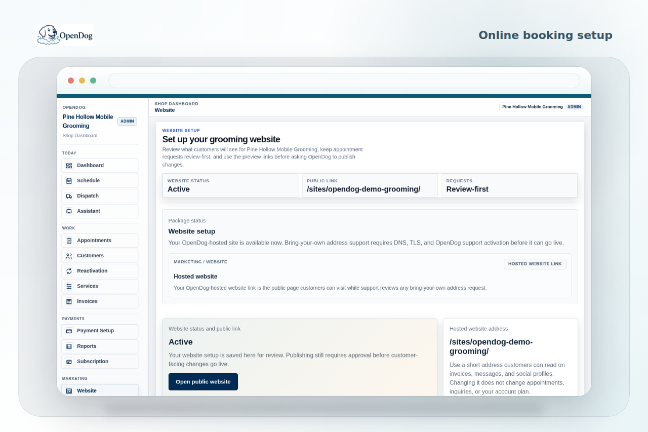 OpenDog website setup screen showing request-first booking workflow context.