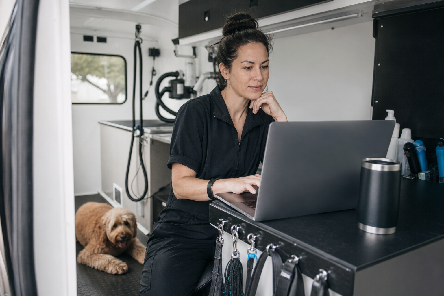 Mobile groomer reviewing business plans from a laptop in a grooming workspace.