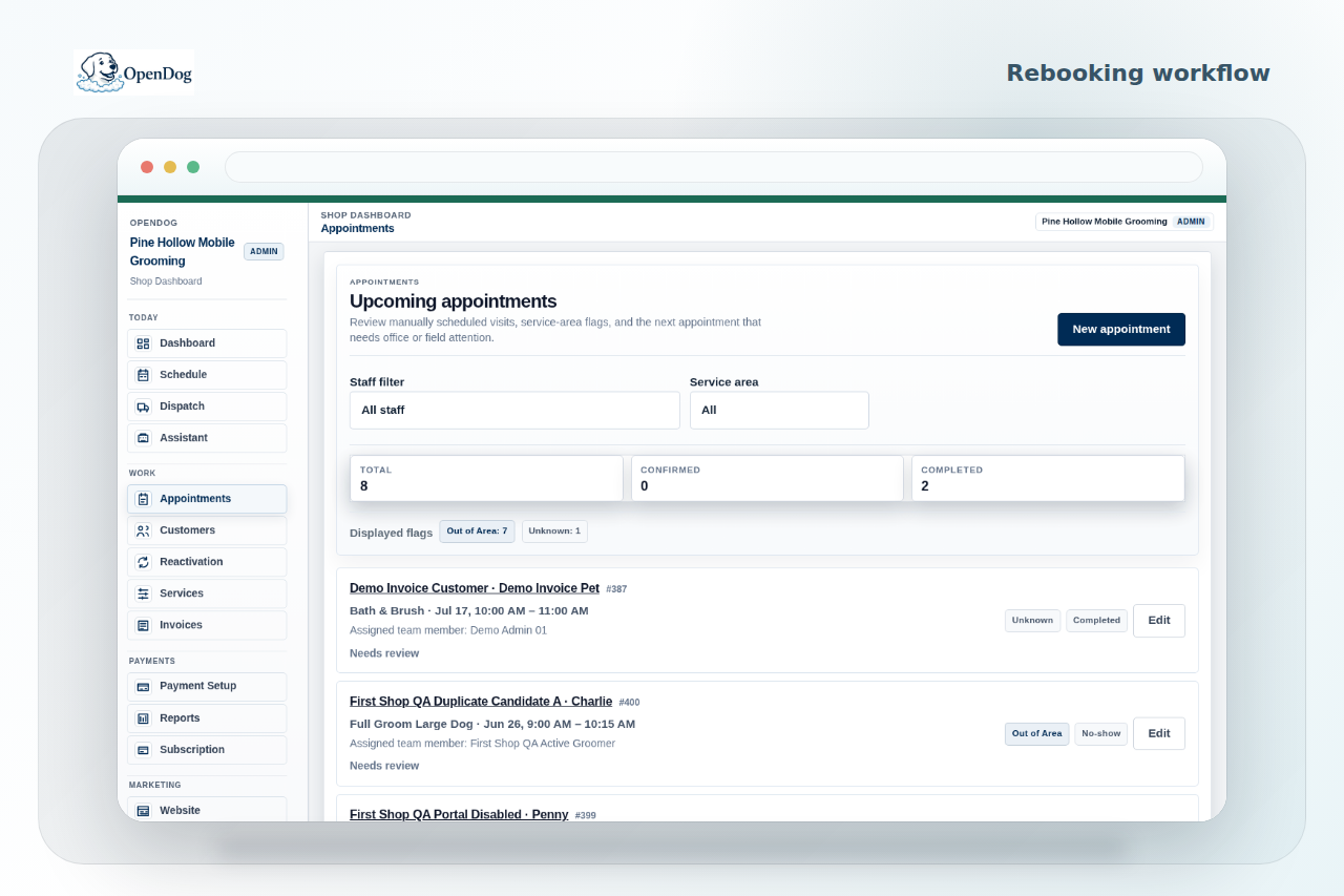 OpenDog appointments screen showing appointment and rebooking workflow context.
