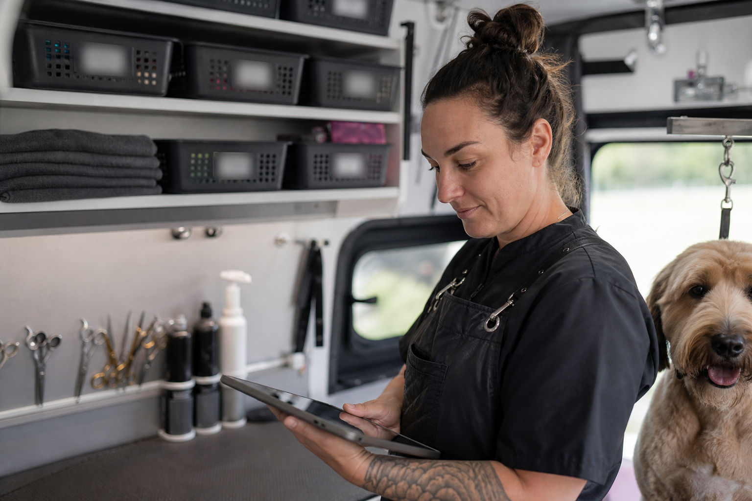 Mobile groomer reviewing organized business records in a clean grooming van workspace.