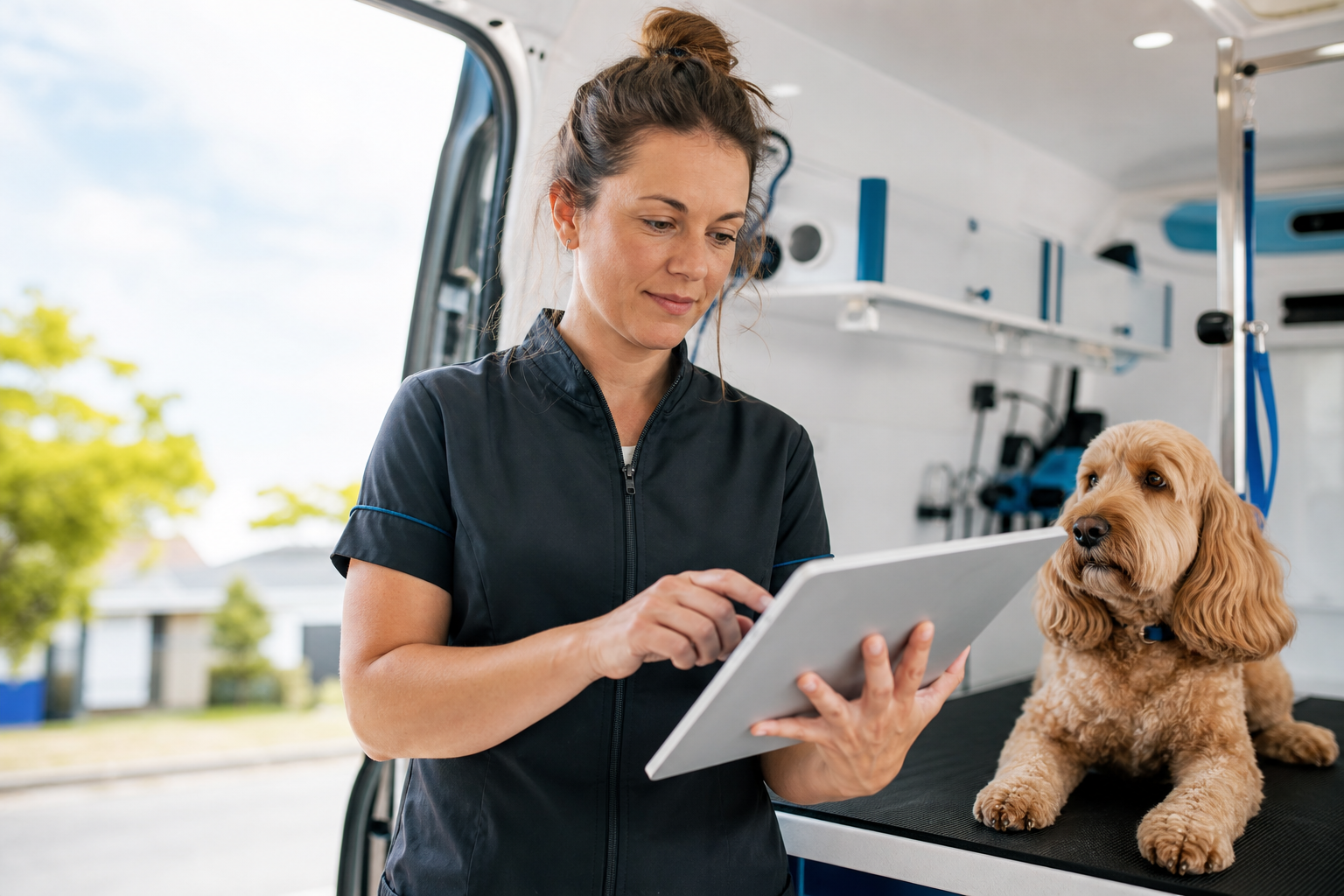 Mobile groomer setting up OpenDog from a tablet in a grooming van workspace.