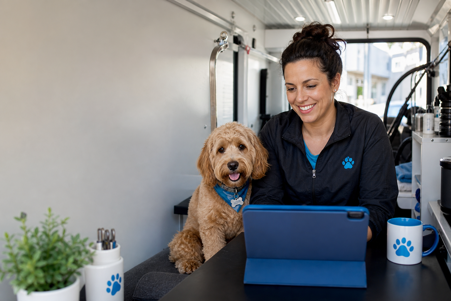 Mobile groomer getting step-by-step setup help from a tablet in a grooming workspace.