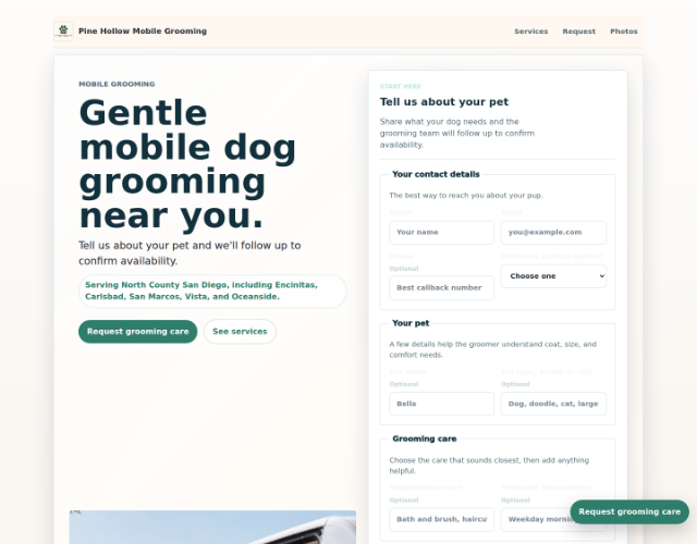 Fast Booking mobile groomer template public site preview