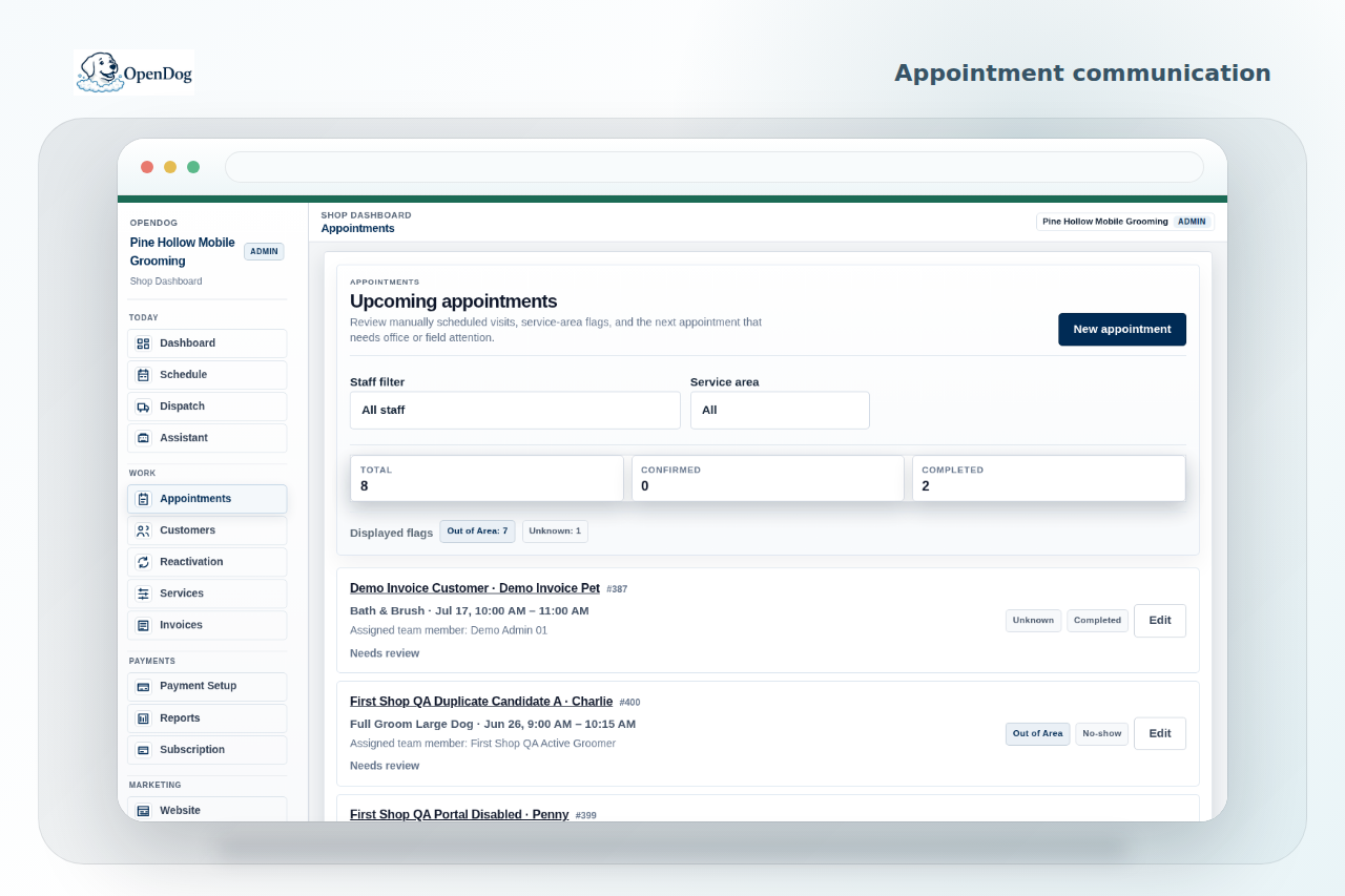 OpenDog appointments screen showing appointment communication workflow context.