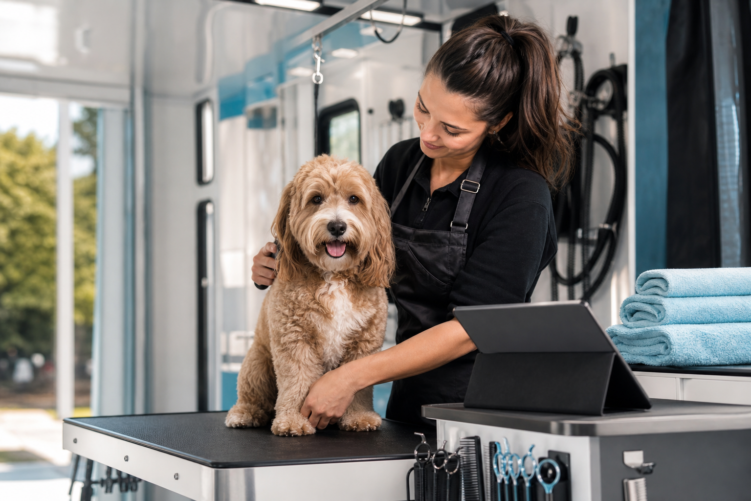 Mobile groomer preparing a polished grooming website and request workflow with a dog nearby.