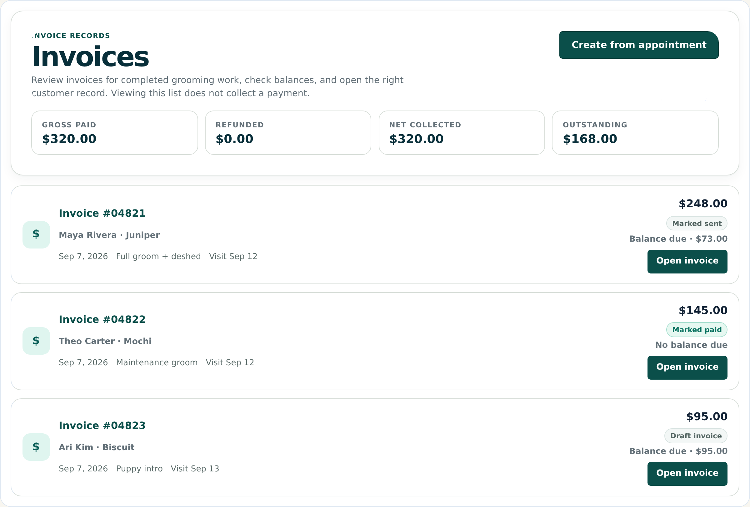 OpenDog invoice list using sample data, showing invoice totals, paid, sent, draft, and balance-due status without displaying complete card details.
