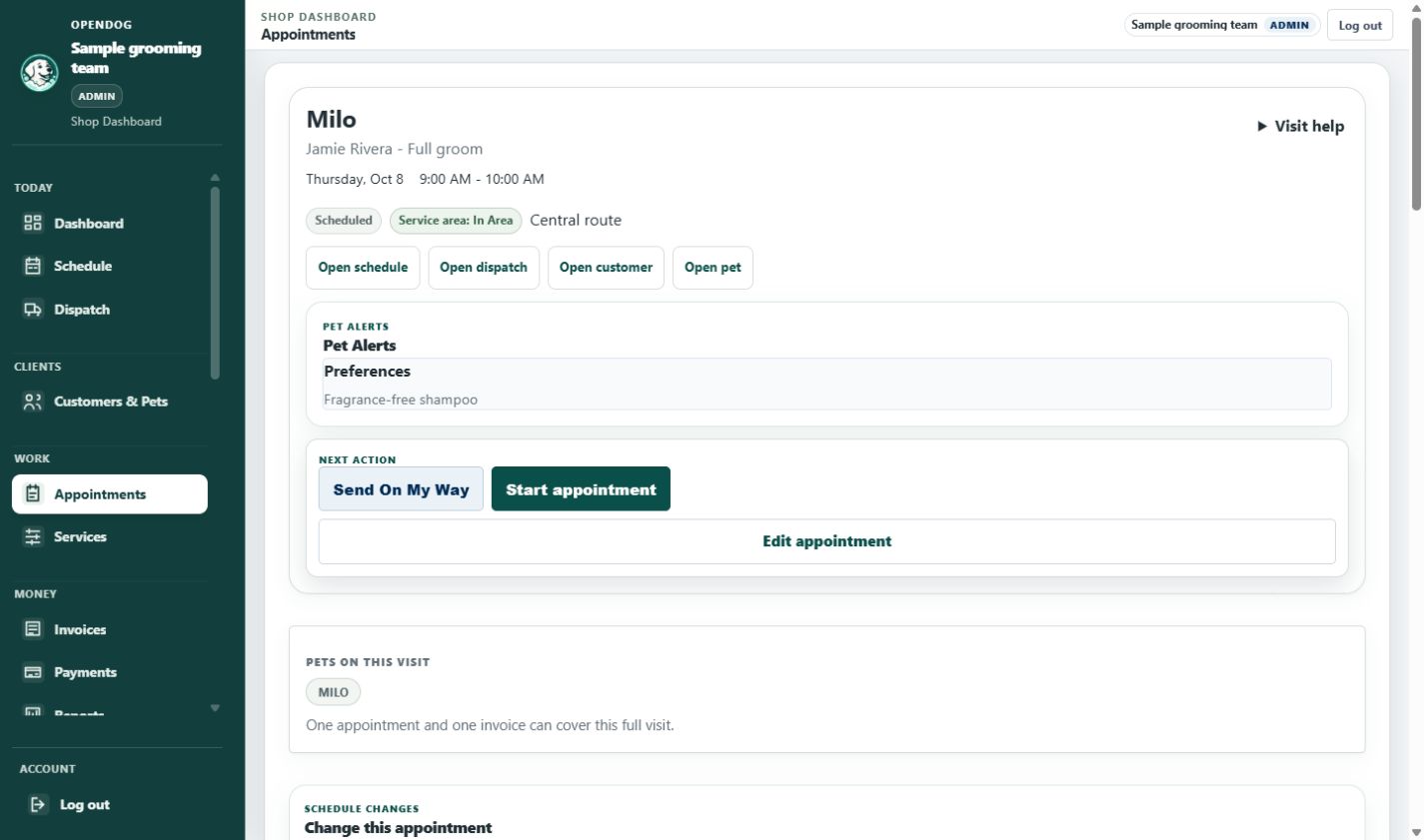 Current OpenDog appointment with sample grooming data: Milo, care preferences, visit status and appointment actions.